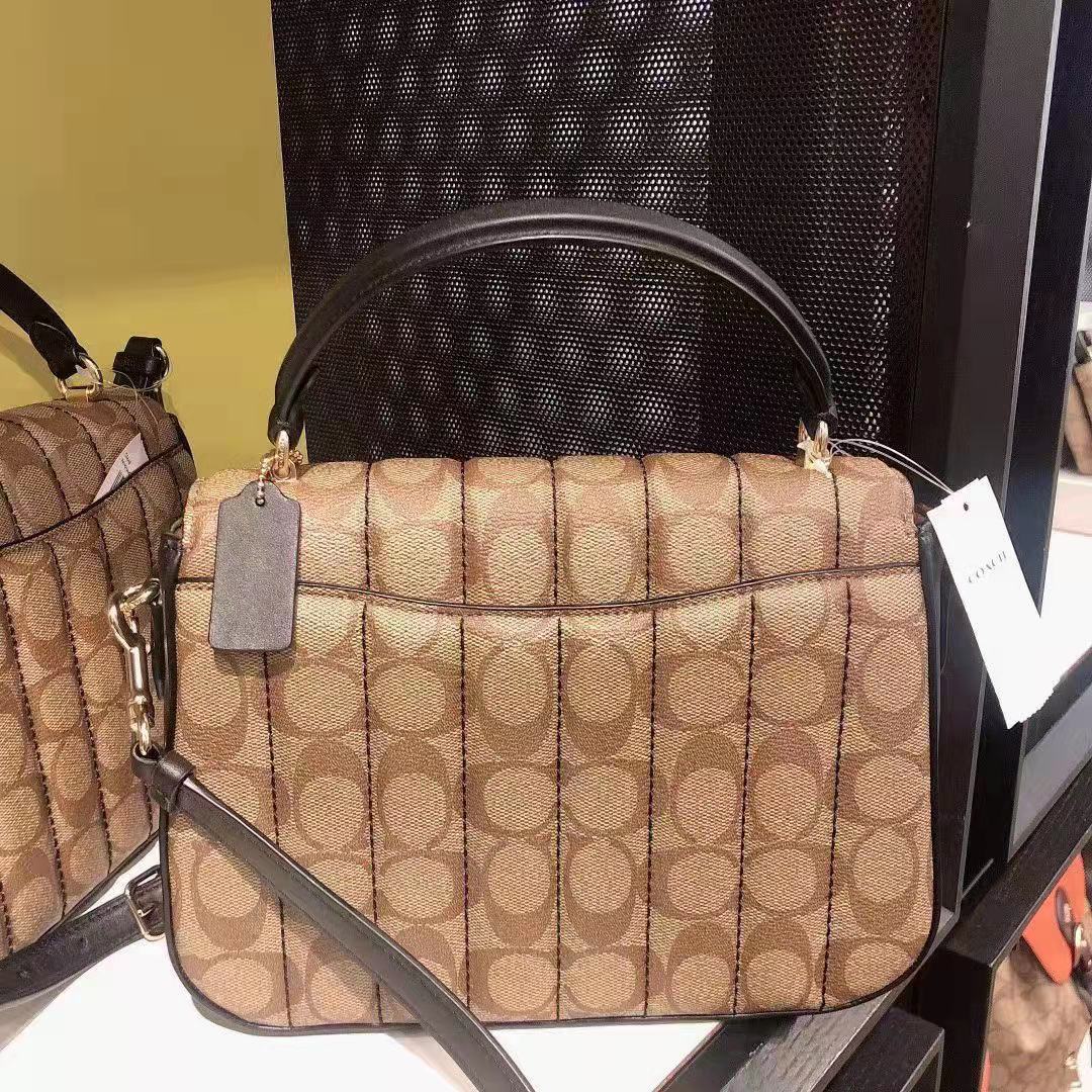 Coach C5645 Marlie Top Handle Satchel In Signature Canvas With Quilting In Khaki/Black Coach C5645 Marlie Top Handle Satchel In Signature Canvas With Quilting In Khaki/Black